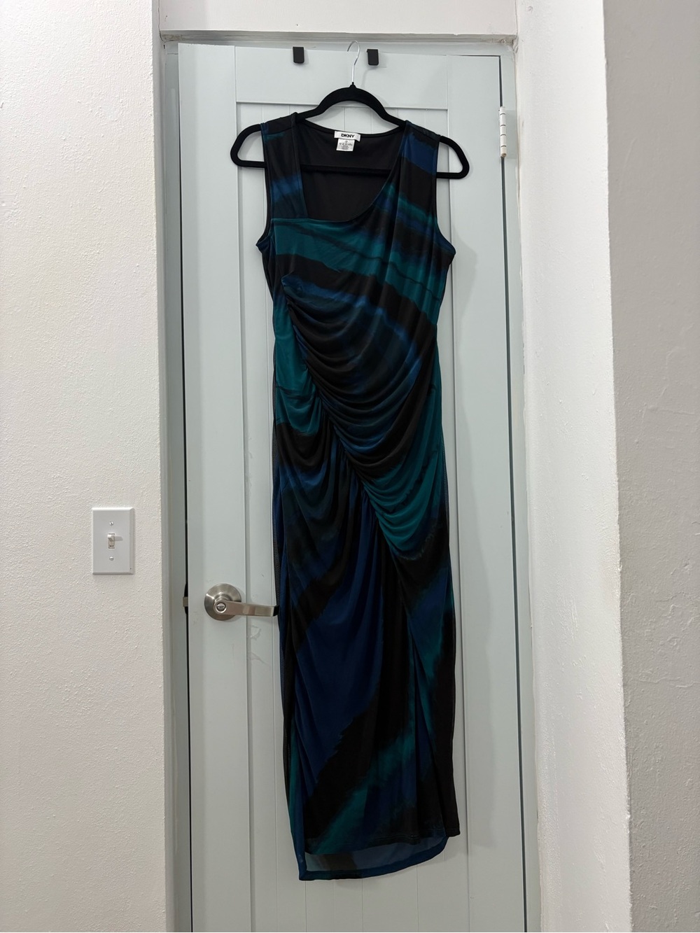 DKNY Teal and Black Ruched Sleeveless Maxi Dress